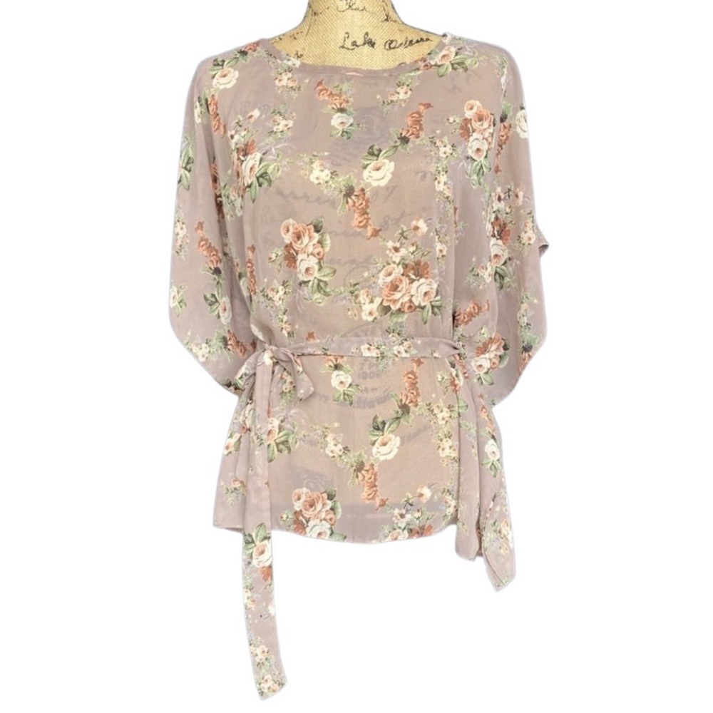 Forever 21 Taupe Floral Blouse With Removable Sash Size M